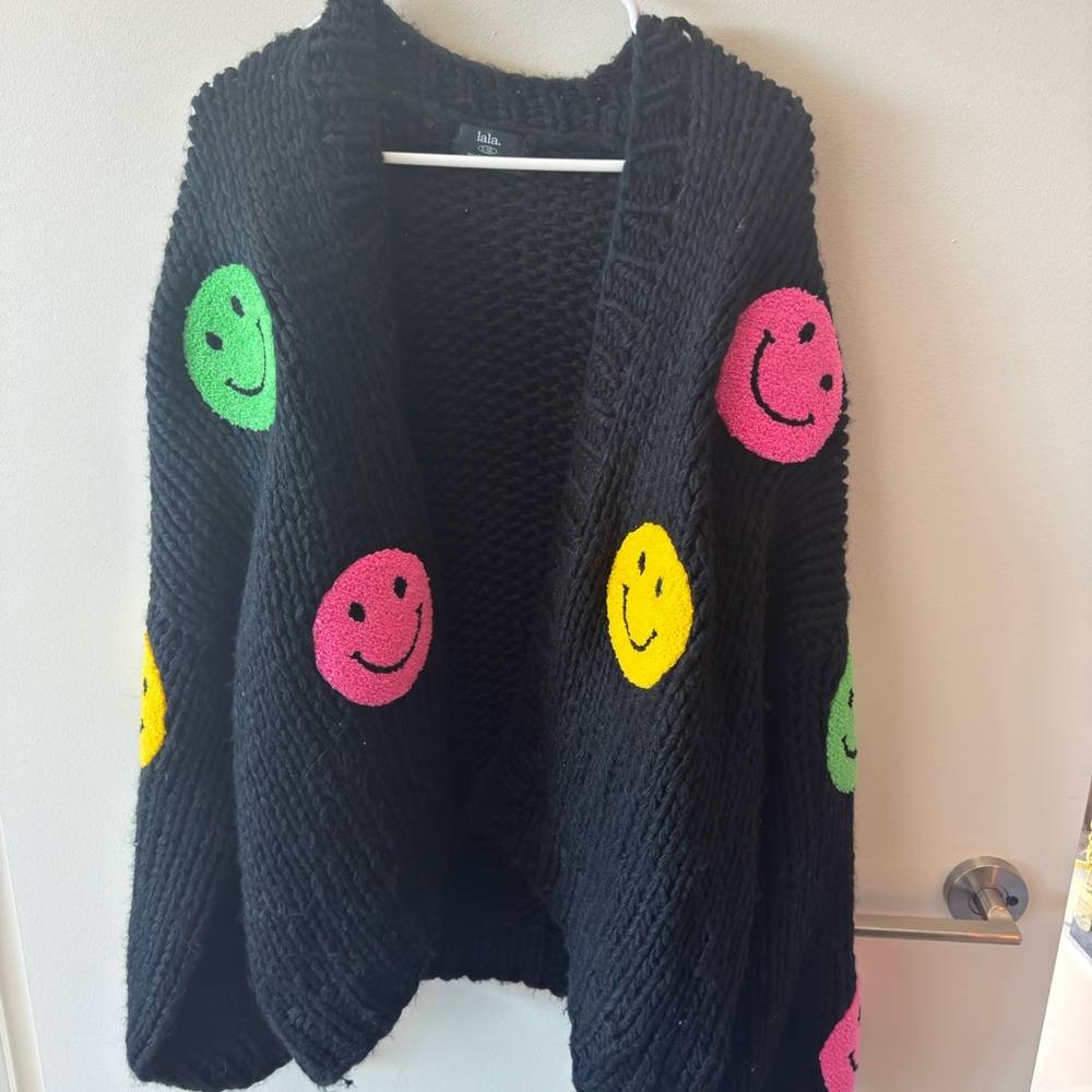 Dressed in LALA Black Cardigan with Colorful Smiley Faces